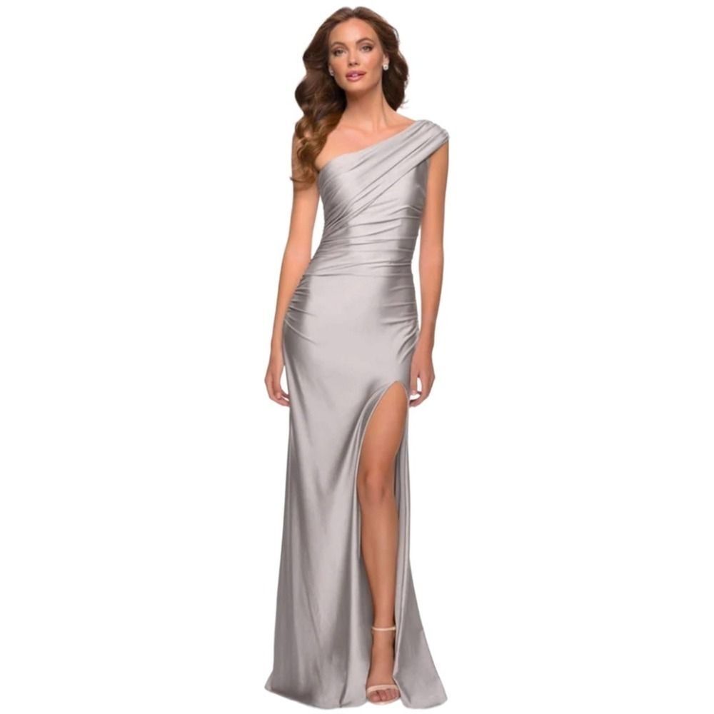 La Femme Silver One-Shoulder Gown